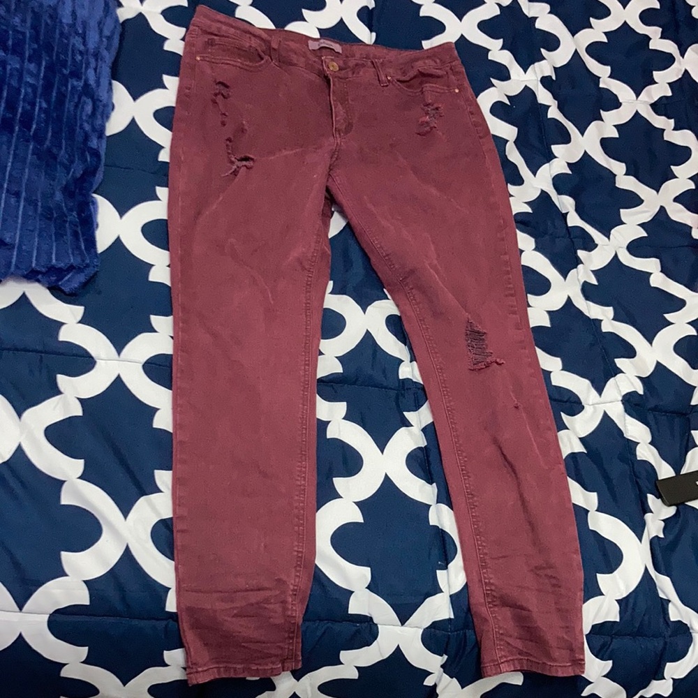 Refuge Brand; Size 10; Burgundy wash ripped jean